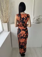 Shein (M) Fekete Narancs Virágos, Oldalt Húzott Mellnél Átlapolt, Sliccelt Ruha