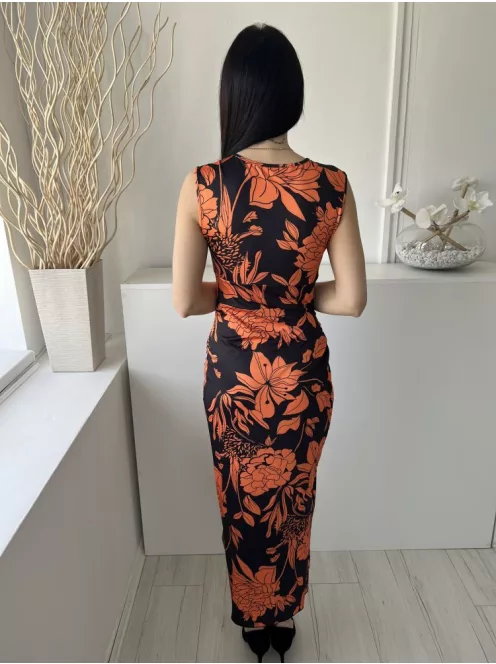 Shein (M) Fekete Narancs Virágos, Oldalt Húzott Mellnél Átlapolt, Sliccelt Ruha