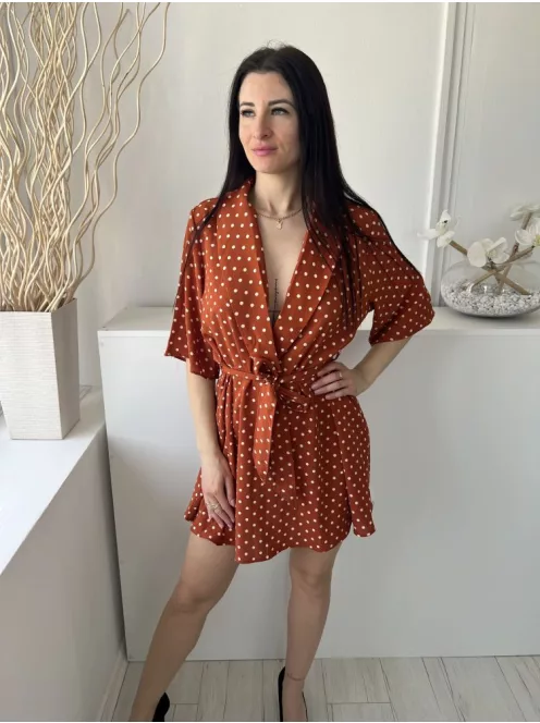 Pretty Little Thing (M) Barna Fehér Pöttyös, Galléros Derékban Megkötős Ruha