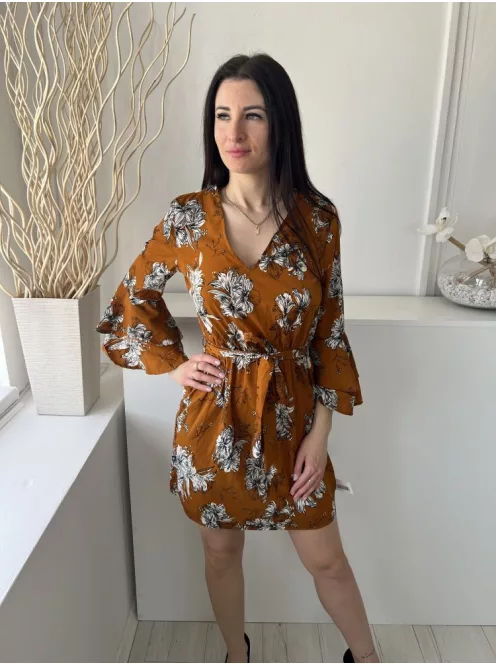 Parisian (M) Bronzbarna Fehér Virágos, V Kivágású Gumisderekú, Megkötős, Tölcsér Ujjú Ruha