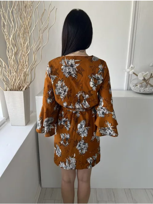 Parisian (M) Bronzbarna Fehér Virágos, V Kivágású Gumisderekú, Megkötős, Tölcsér Ujjú Ruha