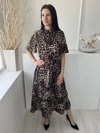   ÚJ Next (M) Drapp Fekete Foltmintás, Elől Nyakban Cipzáros Derékban Megkötős, Fodros Aljú Ruha