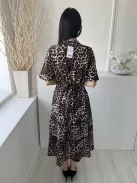 ÚJ Next (M) Drapp Fekete Foltmintás, Elől Nyakban Cipzáros Derékban Megkötős, Fodros Aljú Ruha