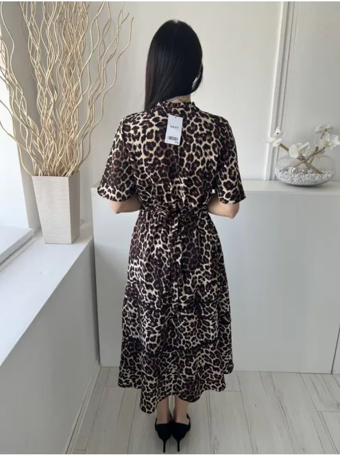 ÚJ Next (M) Drapp Fekete Foltmintás, Elől Nyakban Cipzáros Derékban Megkötős, Fodros Aljú Ruha