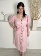 In The Style (L) Pasztell Rózsaszín Elől Végig Gombos, Derékban Megkötős Gumírozott Vállú, 13% Len és 87% Pamut Ruha