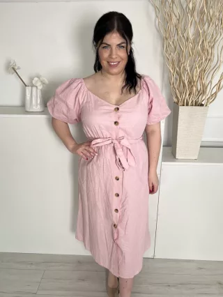   In The Style (L) Pasztell Rózsaszín Elől Végig Gombos, Derékban Megkötős Gumírozott Vállú, 13% Len és 87% Pamut Ruha