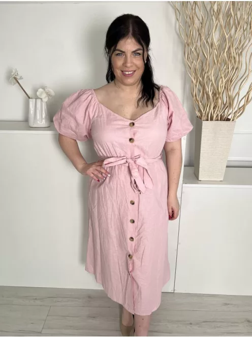 In The Style (L) Pasztell Rózsaszín Elől Végig Gombos, Derékban Megkötős Gumírozott Vállú, 13% Len és 87% Pamut Ruha