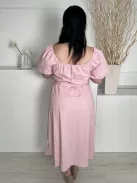 In The Style (L) Pasztell Rózsaszín Elől Végig Gombos, Derékban Megkötős Gumírozott Vállú, 13% Len és 87% Pamut Ruha