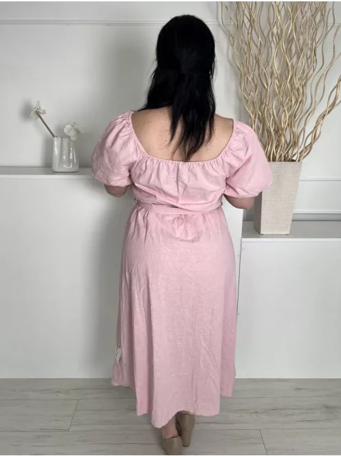 In The Style (L) Pasztell Rózsaszín Elől Végig Gombos, Derékban Megkötős Gumírozott Vállú, 13% Len és 87% Pamut Ruha