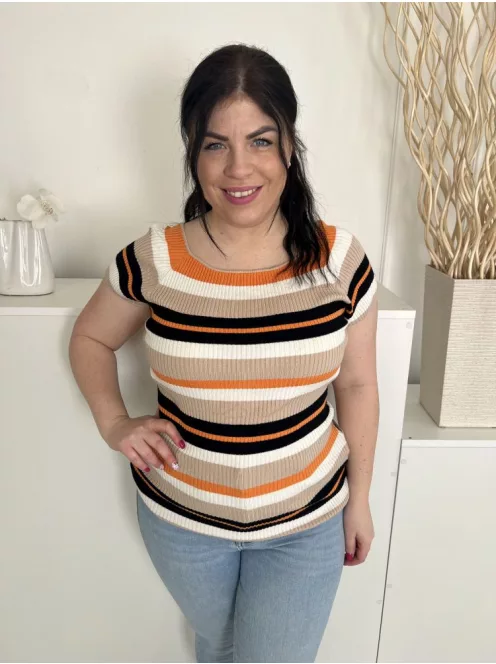 Intuition (L) Barna-Drapp-Narancs Csíkos, Kerek Nyakú Gépikötött, Rugalmas Anyagú Felső
