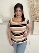 Intuition (L) Barna-Drapp-Narancs Csíkos, Kerek Nyakú Gépikötött, Rugalmas Anyagú Felső