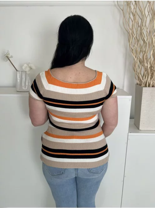 Intuition (L) Barna-Drapp-Narancs Csíkos, Kerek Nyakú Gépikötött, Rugalmas Anyagú Felső