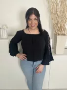 Hollister (L) Fekete Ujján Áttetsző, Csipkemintás Ejtett Darázsolt Vállú Felső