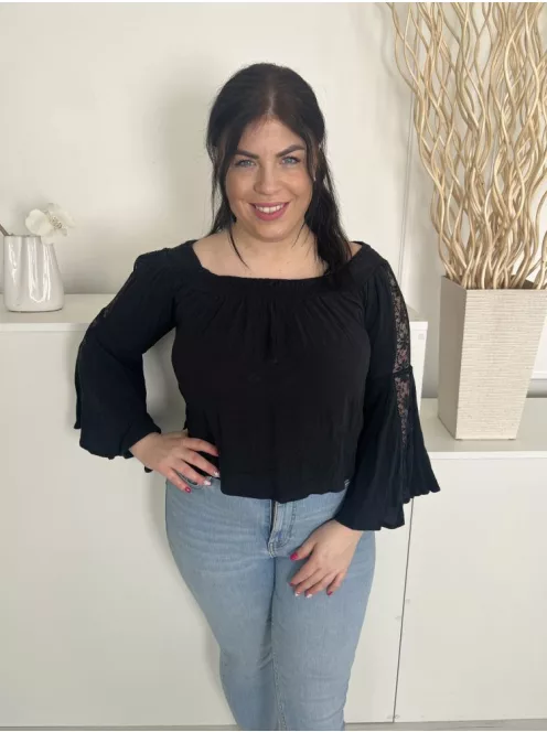 Hollister (L) Fekete Ujján Áttetsző, Csipkemintás Ejtett Darázsolt Vállú Felső