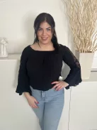 Hollister (L) Fekete Ujján Áttetsző, Csipkemintás Ejtett Darázsolt Vállú Felső