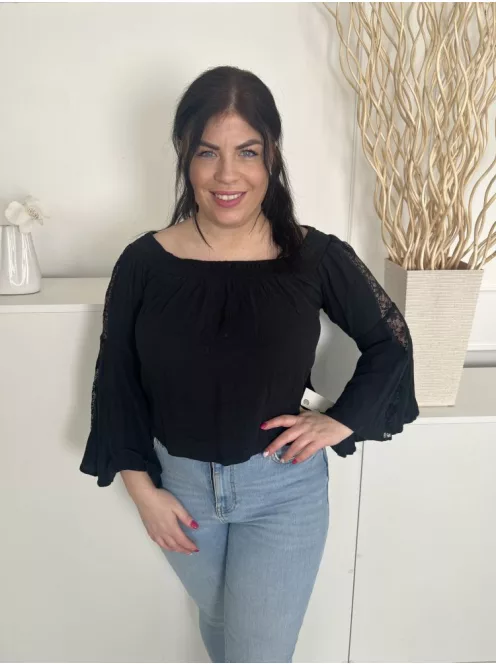 Hollister (L) Fekete Ujján Áttetsző, Csipkemintás Ejtett Darázsolt Vállú Felső