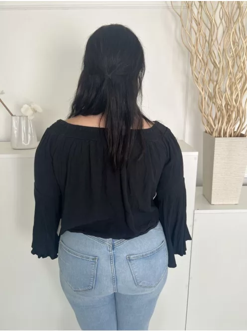 Hollister (L) Fekete Ujján Áttetsző, Csipkemintás Ejtett Darázsolt Vállú Felső