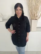 Papaya (L) Fekete Elől Végig Gombos, Mellnél Zsebes Lyukacsos Mintás, 100% Pamut Felső