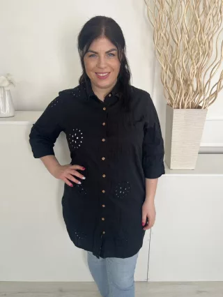   Papaya (L) Fekete Elől Végig Gombos, Mellnél Zsebes Lyukacsos Mintás, 100% Pamut Felső