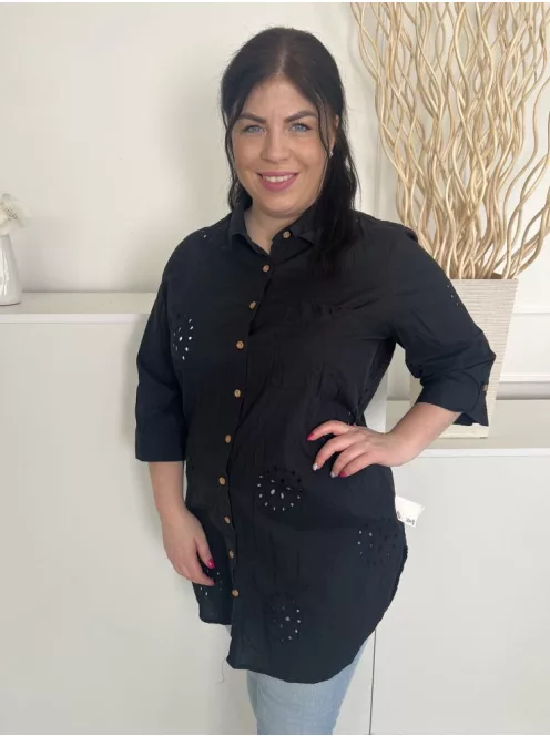 Papaya (L) Fekete Elől Végig Gombos, Mellnél Zsebes Lyukacsos Mintás, 100% Pamut Felső