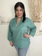  (M) Tűrkíz  Mellnél Gombos, Ráncolt Oldalt Sliccelt Felső