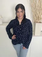 DNMX (L) Sötétkék Fehér Virágos, Elől Végig Gombos Hátul Hosszított Fazonú Felső