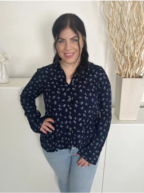 DNMX (L) Sötétkék Fehér Virágos, Elől Végig Gombos Hátul Hosszított Fazonú Felső