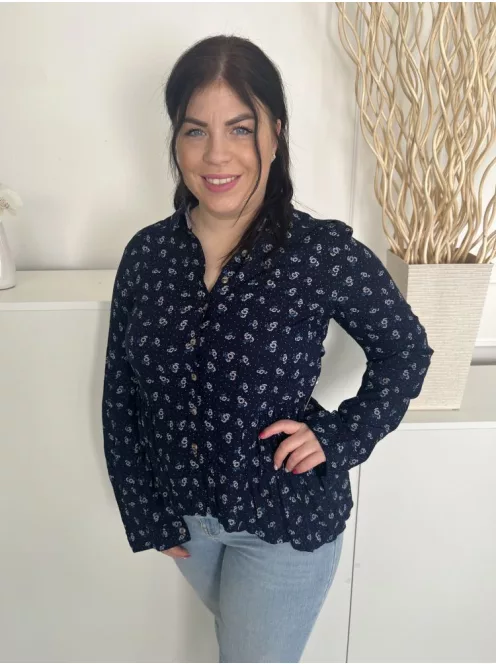 DNMX (L) Sötétkék Fehér Virágos, Elől Végig Gombos Hátul Hosszított Fazonú Felső