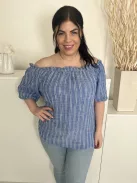 Papaya (L) Kék Fehér Csíkos, Ejtett Gumis Vállú Buggyos Ujjú Felső