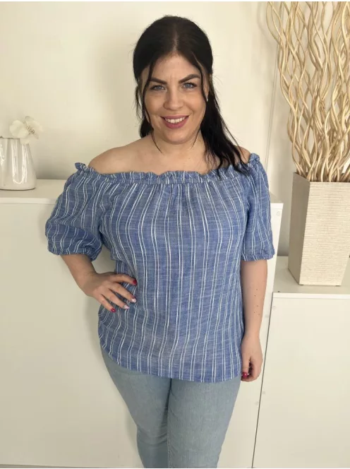 Papaya (L) Kék Fehér Csíkos, Ejtett Gumis Vállú Buggyos Ujjú Felső