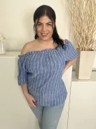 Papaya (L) Kék Fehér Csíkos, Ejtett Gumis Vállú Buggyos Ujjú Felső