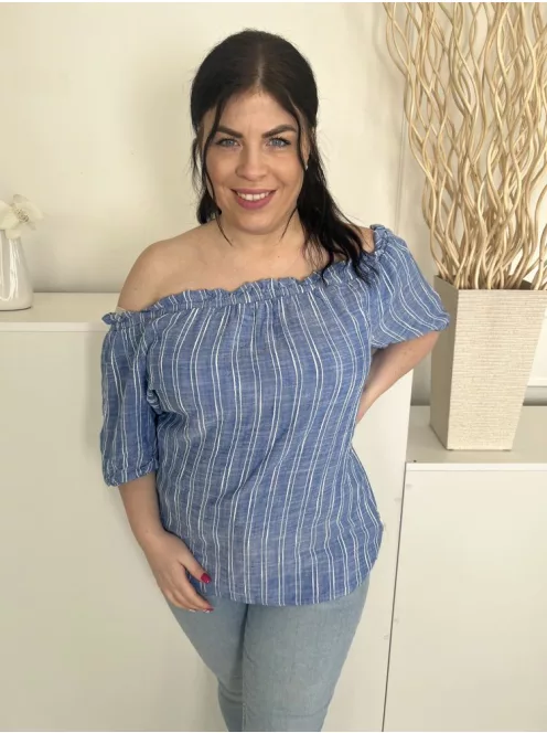 Papaya (L) Kék Fehér Csíkos, Ejtett Gumis Vállú Buggyos Ujjú Felső