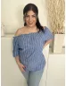   Papaya (L) Kék Fehér Csíkos, Ejtett Gumis Vállú Buggyos Ujjú Felső