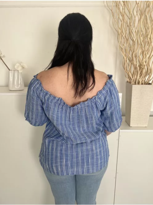 Papaya (L) Kék Fehér Csíkos, Ejtett Gumis Vállú Buggyos Ujjú Felső