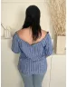   Papaya (L) Kék Fehér Csíkos, Ejtett Gumis Vállú Buggyos Ujjú Felső