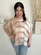 Marble (M) Fehér-Barna Mintás, Csónak Nyakú Áttetsző, Denevér Ujjú Felső