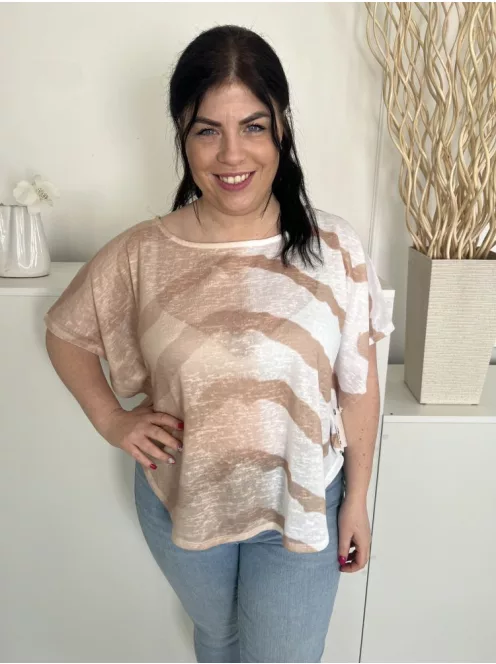 Marble (M) Fehér-Barna Mintás, Csónak Nyakú Áttetsző, Denevér Ujjú Felső