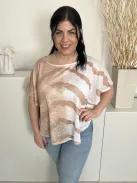 Marble (M) Fehér-Barna Mintás, Csónak Nyakú Áttetsző, Denevér Ujjú Felső