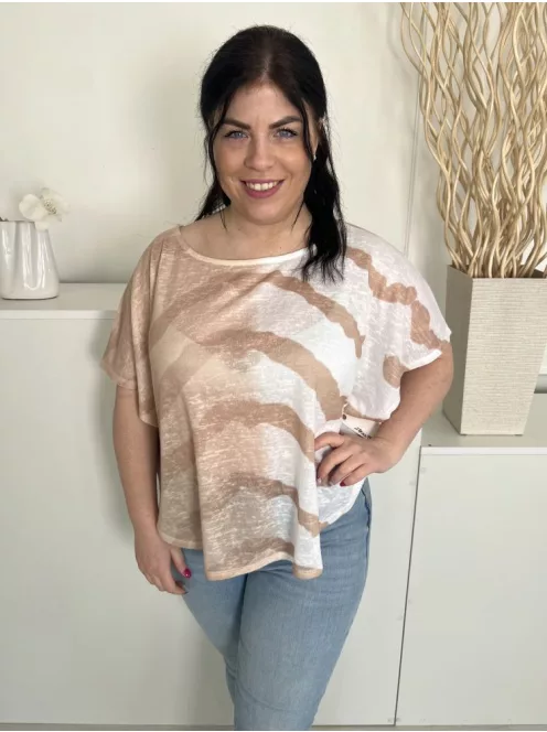 Marble (M) Fehér-Barna Mintás, Csónak Nyakú Áttetsző, Denevér Ujjú Felső