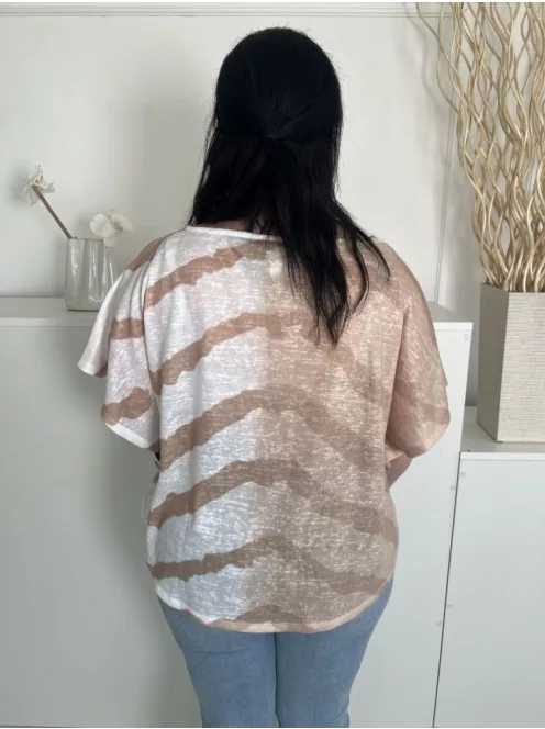 Marble (M) Fehér-Barna Mintás, Csónak Nyakú Áttetsző, Denevér Ujjú Felső