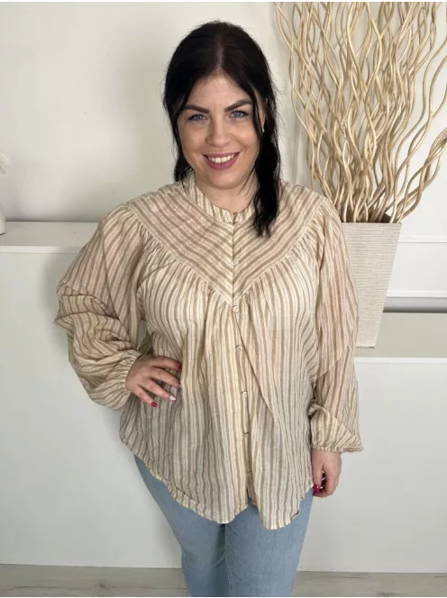 Primark (L) Drapp Barna Csíkos, Elől Végig Gombos Gumis Ujjvégű, Enyhén Áttetsző, 100% Pamut Felső