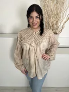 Primark (L) Drapp Barna Csíkos, Elől Végig Gombos Gumis Ujjvégű, Enyhén Áttetsző, 100% Pamut Felső