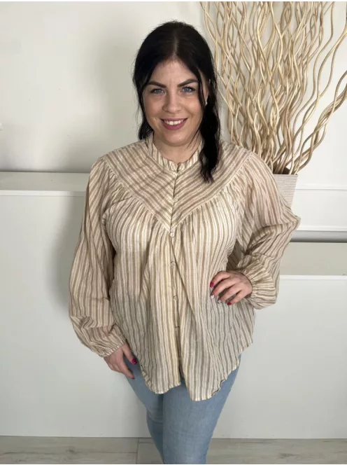 Primark (L) Drapp Barna Csíkos, Elől Végig Gombos Gumis Ujjvégű, Enyhén Áttetsző, 100% Pamut Felső