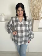 Next (L) Fekete-Fehér Kockás, 100% Len Alapanyagú Buggyos Ujjú, Hosszított Fazonú Felső