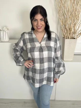   Next (L) Fekete-Fehér Kockás, 100% Len Alapanyagú Buggyos Ujjú, Hosszított Fazonú Felső