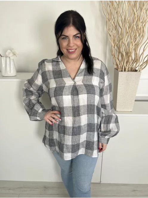 Next (L) Fekete-Fehér Kockás, 100% Len Alapanyagú Buggyos Ujjú, Hosszított Fazonú Felső