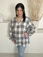 Next (L) Fekete-Fehér Kockás, 100% Len Alapanyagú Buggyos Ujjú, Hosszított Fazonú Felső