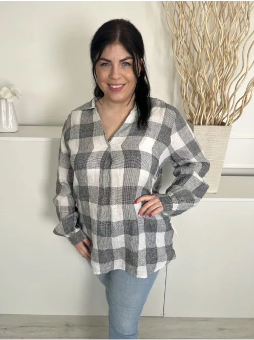 Next (L) Fekete-Fehér Kockás, 100% Len Alapanyagú Buggyos Ujjú, Hosszított Fazonú Felső