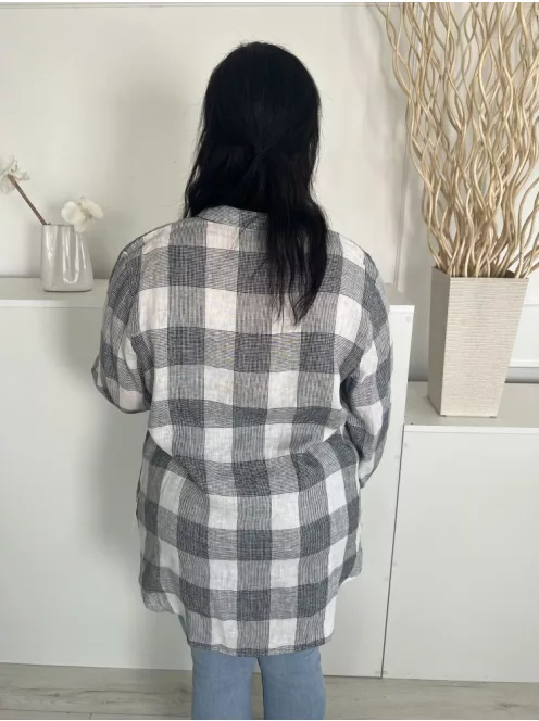 Next (L) Fekete-Fehér Kockás, 100% Len Alapanyagú Buggyos Ujjú, Hosszított Fazonú Felső