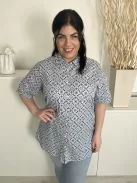 ÚJ Cotton (XL) Fekete Kék Mintás, Elől Végig Gombos Galléros, 54% Pamut Alapanyagú Felső